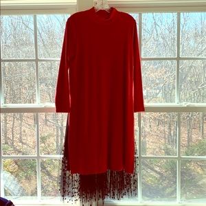 Red sweatshirt tunic fabric with black lace layer